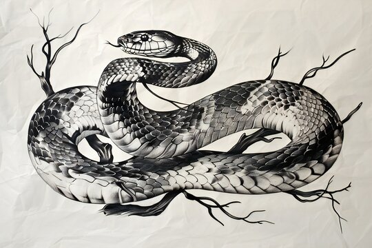 The image of a snake in the style of Chinese painting on paper