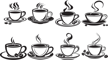 Steaming coffee cup icons depicting steaming cups of coffee, resembling simplistic yet elegant design suitable for logos or menu illustrations
