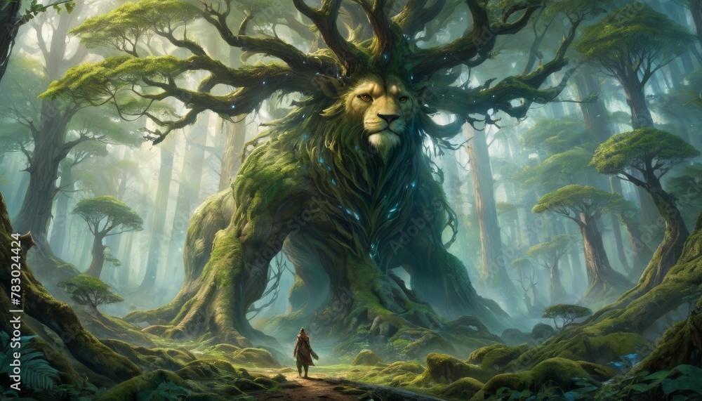 Aufkleber an ancient, tree-like guardian lion stands tall in a lush, misty forest, with a tiny human figure pr