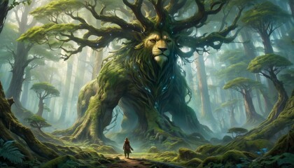 An ancient, tree-like guardian lion stands tall in a lush, misty forest, with a tiny human figure present, creating a sense of scale and ancient wisdom.. AI Generation