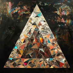 Reflective triangle art piece with metallic colors