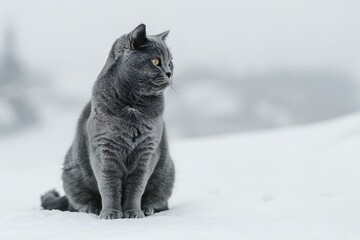 Gray cat sits on the snow in the winter in the mountains