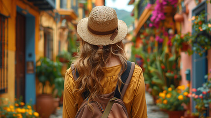 "Wanderlust in Bloom"
A young traveler, cloaked in golden tones and a straw hat, explores a vibrant, flower-laden street, embracing the essence of exploration.