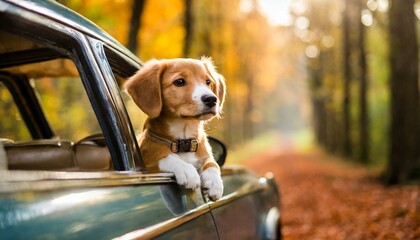Cute puppy looking out of window of classic car in a forest - obrazy, fototapety, plakaty