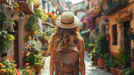 "Traveler's Secret Alley"
A woman traveler, adorned with a straw hat and leather backpack, strolls through a charming, flower-lined alleyway.