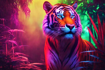 Neon 3D image of tiger in jungle