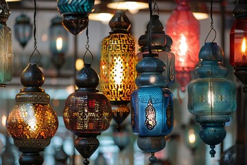 Colorful decorative lanterns in morocco style hanging on the ceiling