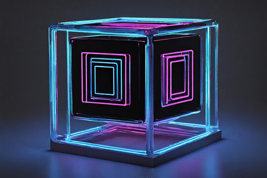 Neon 3D image of cube glass neon metallic in a dark studio