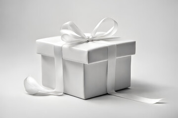 Motion blur photo of ceramic gift box white with white ribbon floating on white background - obrazy, fototapety, plakaty