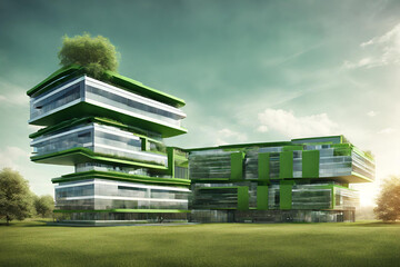 Metallic 3D image of innovative 6 story building, high tech offices, in a green environment, pastoral nature, rectangular, a 2 story that rotates 90 degrees rectangular  - obrazy, fototapety, plakaty