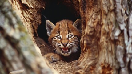 baby lynx smiling in a burrow 