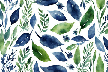 indigo and green watercolor floral leaves seamless print pattern - obrazy, fototapety, plakaty