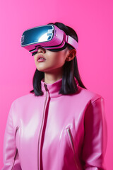 Asian brunette girl with VR set in a pink jacket on a pink background, studio photo
