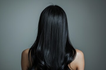 Naklejka premium A woman with long, sleek black hair stands with her back to the camera in a minimalistic studio, showcasing a stylish and elegant hairstyle in soft lighting