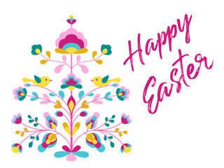 Happy Easter design with flowers and birds on tree of life.