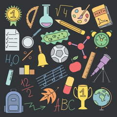 School icons. Hand drawn doodle school background. Education illustration