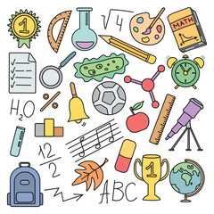 School icons. Hand drawn doodle school background. Education illustration