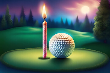 golf ball on a tee with a birthday candle stuck into the golf ball, as if it's being used as a birthday cake - obrazy, fototapety, plakaty