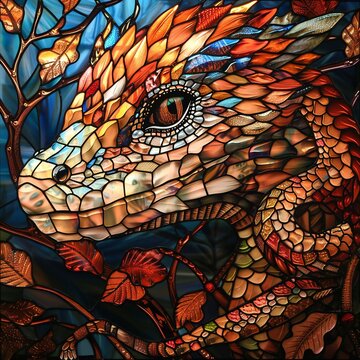 Stained glass window in the form of a dragon with flowers and leaves