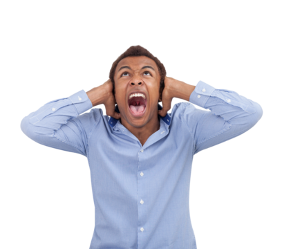A man in a business shirt screaming and covering his ears, isolated on a white background, conveying frustration or stress