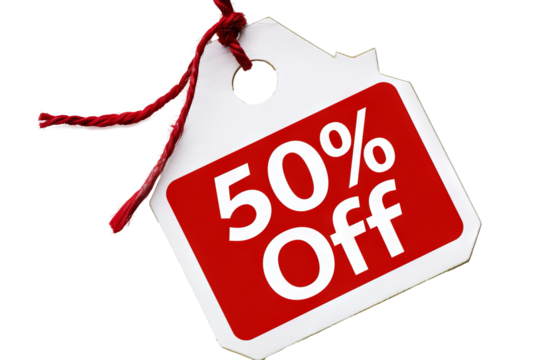 Red Sale Tag with half percentage Off Discount on transparent Background