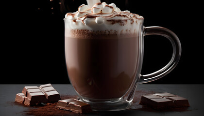 Pouring hot chocolate cocoa into glass mug on black table Dark background 3