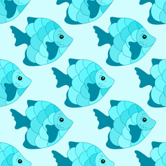 Funny coral reef fish seamless ornament vector. Ocean fauna pattern. Baby fashion tissue - 783025497
