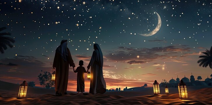 Arabic family standing together with crescent moon and lantern, night sky full of stars, mosque in background, candles on the ground, arabic style, cinematic light, hyper realistic