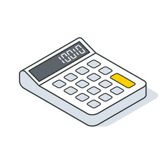 Isometric illustration of a calculator with a yellow button