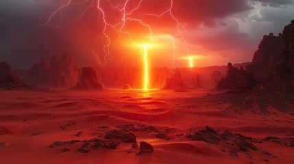Foto op Plexiglas Dramatic Sunset Over Desert, Casting Fiery Hues Across Rolling Sand Dunes. © pengedarseni