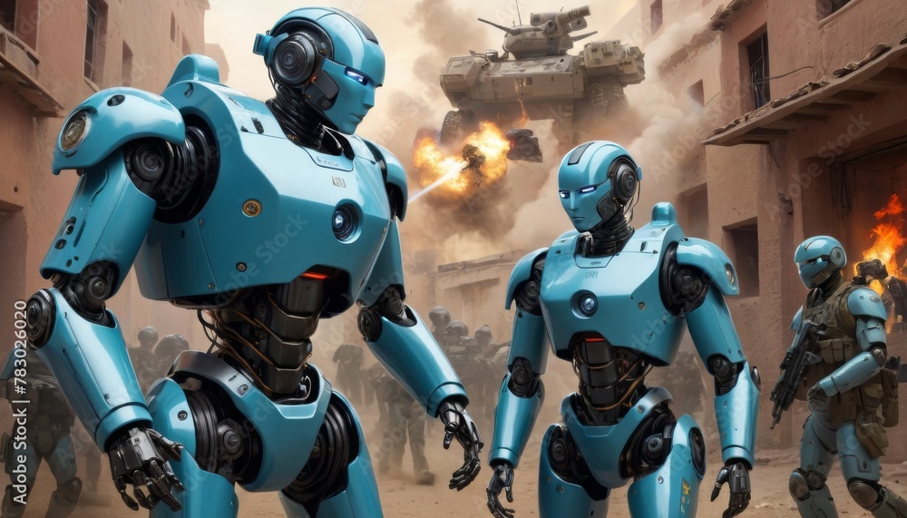 Poster autonomous combat robots with a sleek blue design, advancing through an urban warzone with tanks and