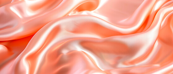 Close up of peach silk satin shiny fabric texture as background. Peach fuzz color on silky cloth curtain texture.