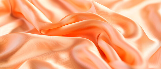 Obraz premium Close up of peach silk satin shiny fabric texture as background. Peach fuzz color on silky cloth curtain texture.