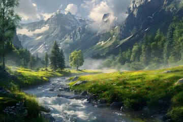 A serene mountain landscape with a flowing stream, vibrant wildflowers, and sunlit misty peaks.