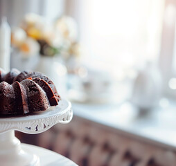 Chocolate pound cake on beautiful vintage kitchen and copy space.