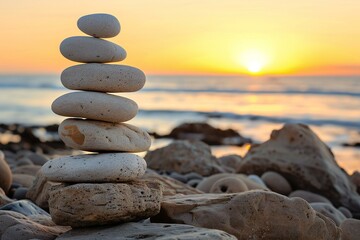 Zen stones on the beach at sunset,  Concept of harmony and balance