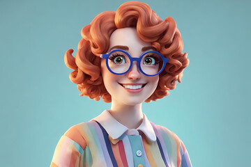 white woman with auburn curly hair, cute 3d cartoon character, wearing glasses, oversized head, large cartoon eyes, perfect eyes - obrazy, fototapety, plakaty