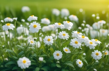 A green field with white daisies. Sunny weather.