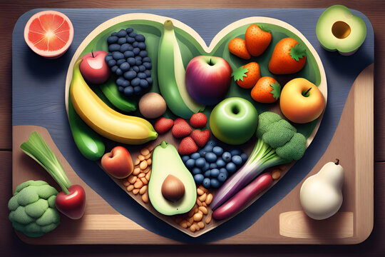 an image of healthy food with fruit, vegetables, grains and high fibre foods on a heart shape cutting board in a rustic wood textures background. 