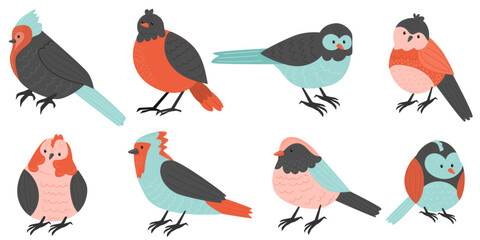 Set of cute birds on white background. National Bird Day. Flat. hand drawing style.