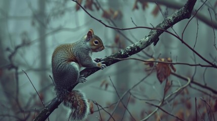Against the backdrop of a misty forest, a grey squirrel deftly maneuvers along the wet branches, its foraging skills honed by instinct and experience.