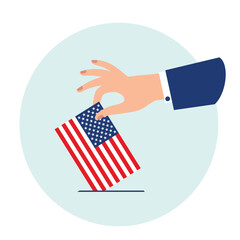 A hand holding a ballot in the form of an American flag. US presidential election concept. Vector illustration
