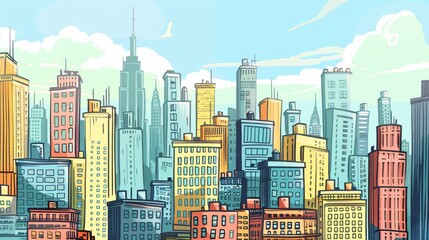Artistic rendition of a dense urban skyline with skyscrapers in pastel hues under a light blue sky.