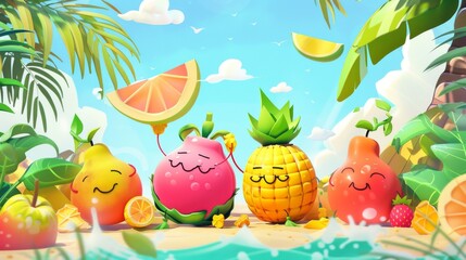 On a tropical island, cartoon fruits are having fun and relaxing.