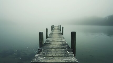 A foggy day at a pier with a wooden bridge - obrazy, fototapety, plakaty