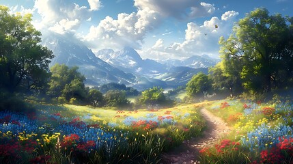 A landscape with forest trees, paths, and flowers against a blue sky with clouds on a clear day