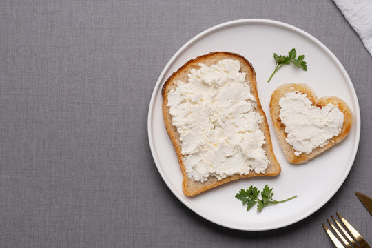 Two sandwiches with cottage cheese. Healthy breakfast concept , Copy space