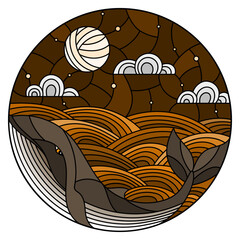 Illustration in stained glass style whale into the waves, starry sky,moon  and clouds, round image, tone brown