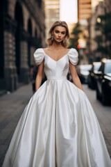 Naklejka premium Elegant bride in a stunning white gown strolls confidently down a city street, showcasing her beauty against a backdrop of modern architecture during golden hour