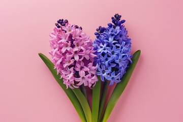 Pink and blue hyacinth flowers on pink background,  Flat lay, top view